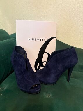 Nine West Navy Suede Peep-Toe High Heel Booties
